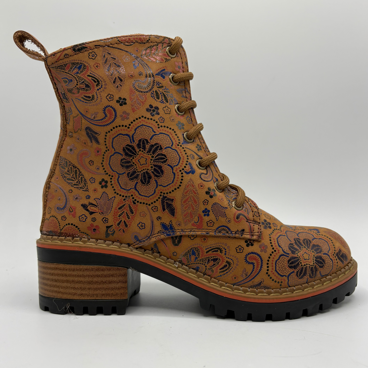 Right facing view of a tan boot with a floral motif, stacked heel and matching laces