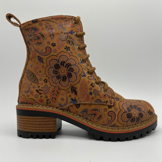 Right facing view of a tan boot with a floral motif, stacked heel and matching laces