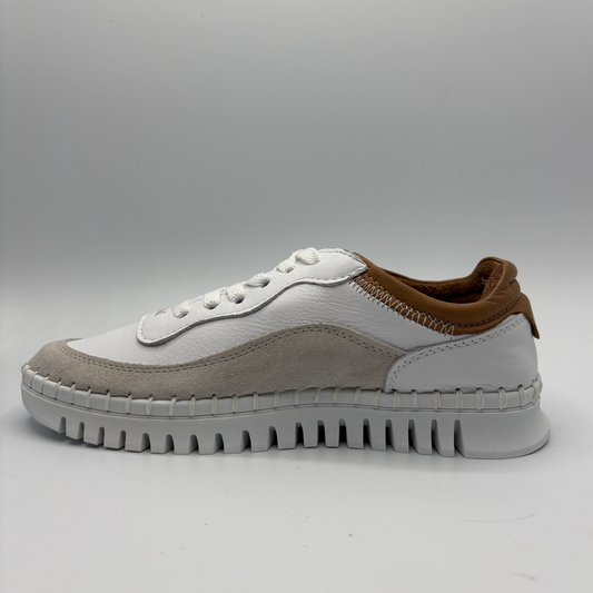 White and brown sneaker on a gray background