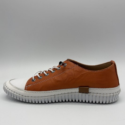 Left facing view of an orange lace up sneaker
