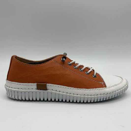 Right facing view of an orange lace up sneaker

