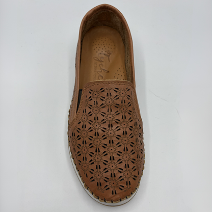Top view of a brown leather slip on shoe