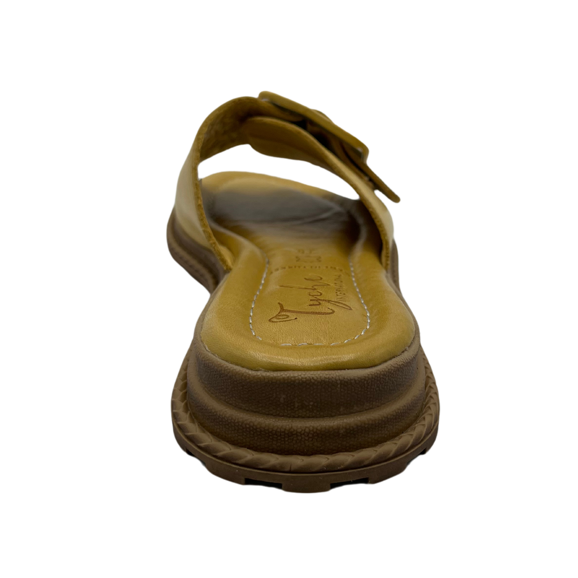 Back view of yellow leather sandal with oversized buckle on strap. Leather lined, cushioned footbed and open toe