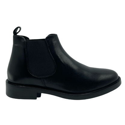 Right facing view of black leather chelsea boot with elastic side gore and black outsole