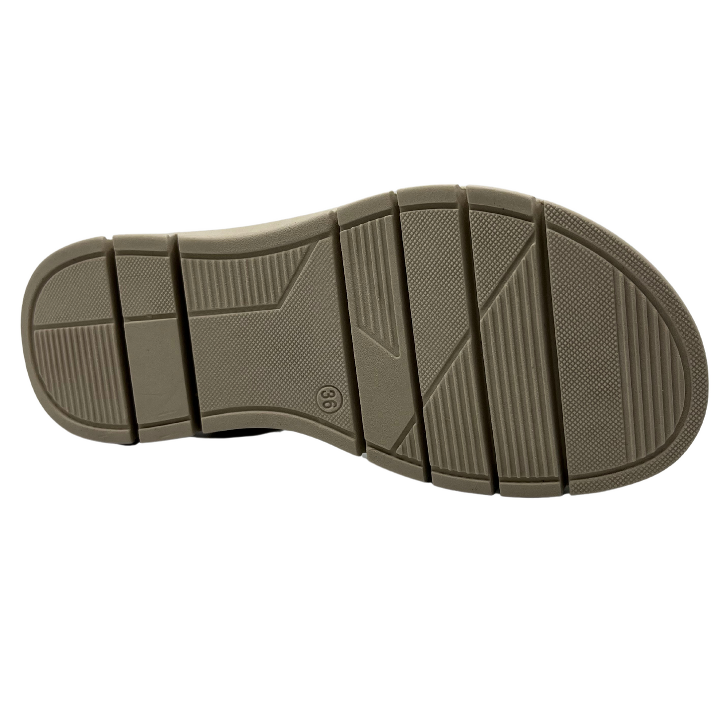 Bottom view of taupe leather sandal with rubber outsole and adjustable velcro straps