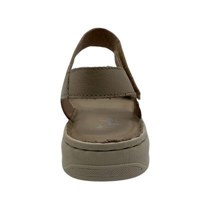 Back view of taupe leather sandal with rubber outsole and adjustable velcro straps