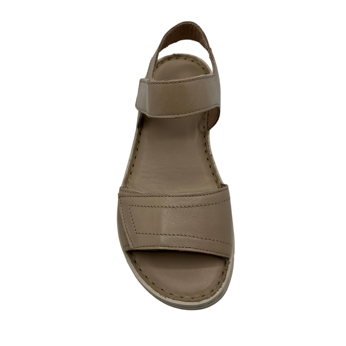 Top view of taupe leather sandal with rubber outsole and adjustable velcro straps