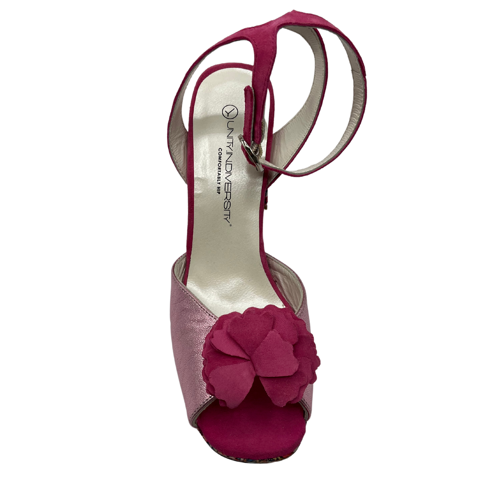 Top view of leather and satin material sandal with block heel and platform sole. Flower accent on toe and adjustable ankle strap