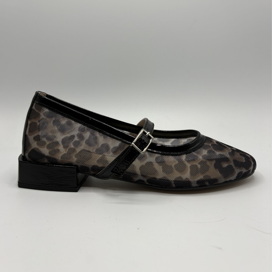 Leopard print shoe with a black strap on a white background