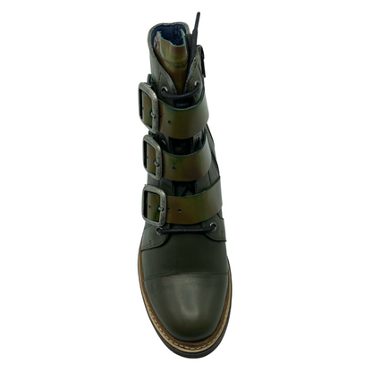 Front facing view of green leather boot with 3 strap detail and rounded toe