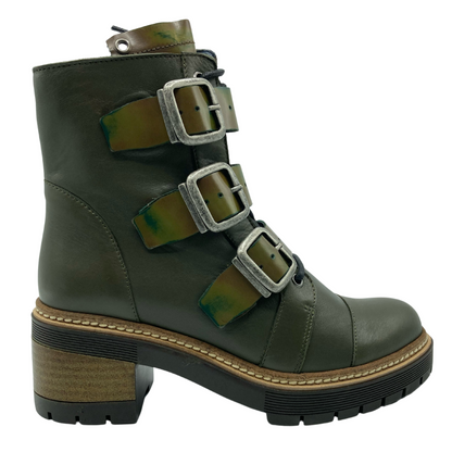 Right facing view of khaki green leather boot with 3 buckle detail and chunky block heel and platform sole