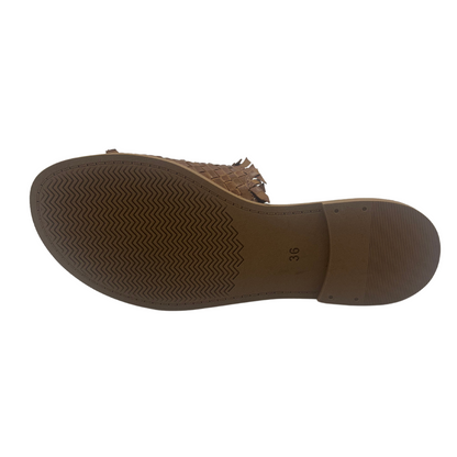 Bottom view of brown woven leather sandal with low heel