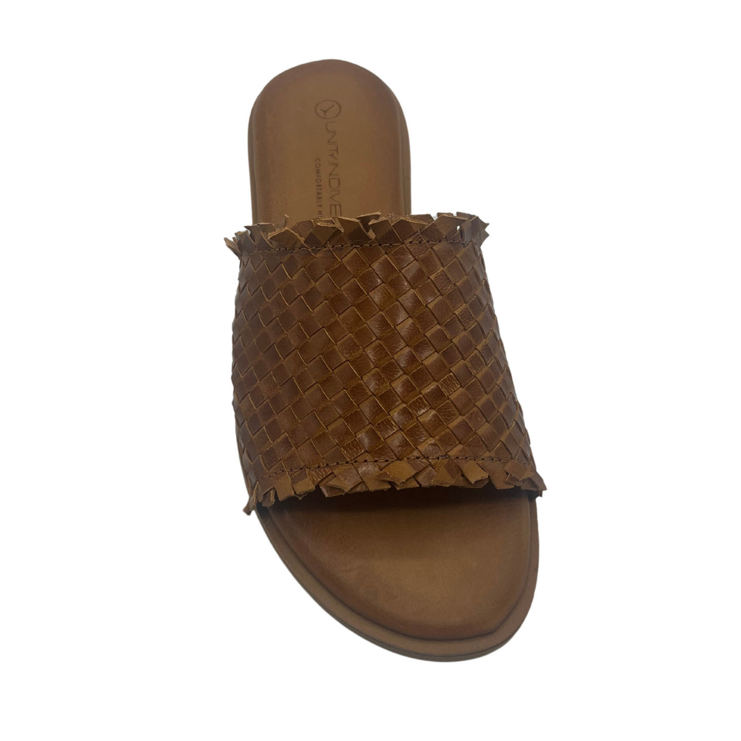 Top view of brown woven leather slip on sandal with open toe and leather lined footbed