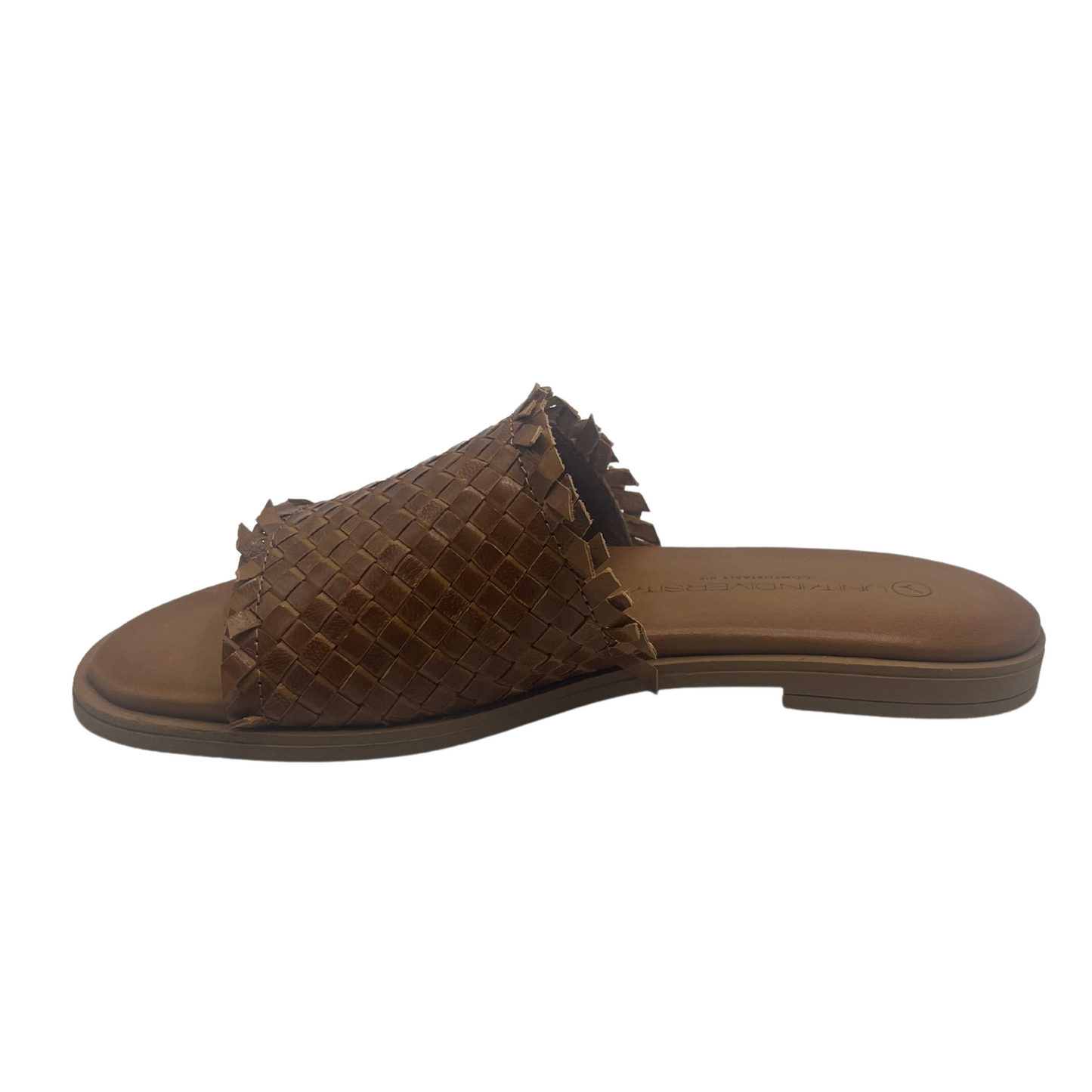 Left facing view of brown woven leather slip on sandals with brown leather footbed and low heel
