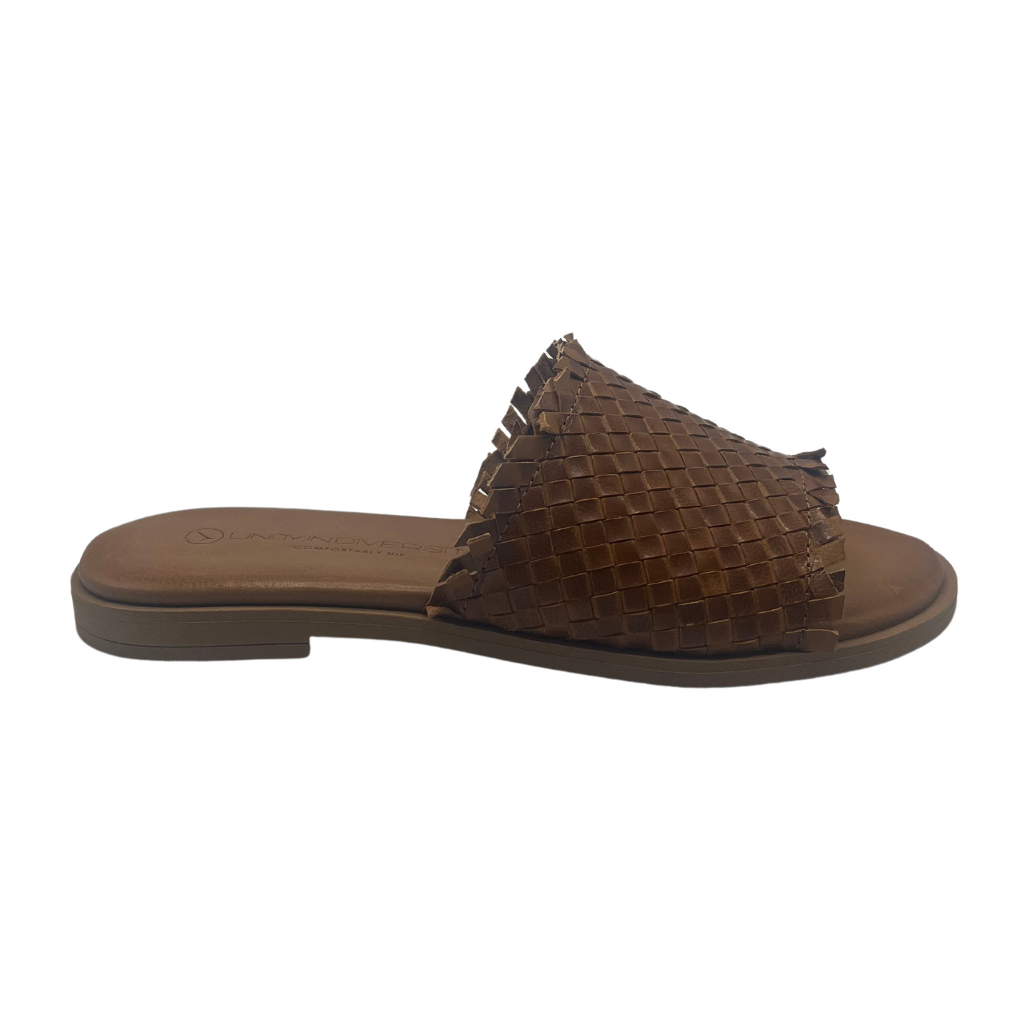 Right facing view of brown woven leather slip on sandal with low heel and leather lined footbed
