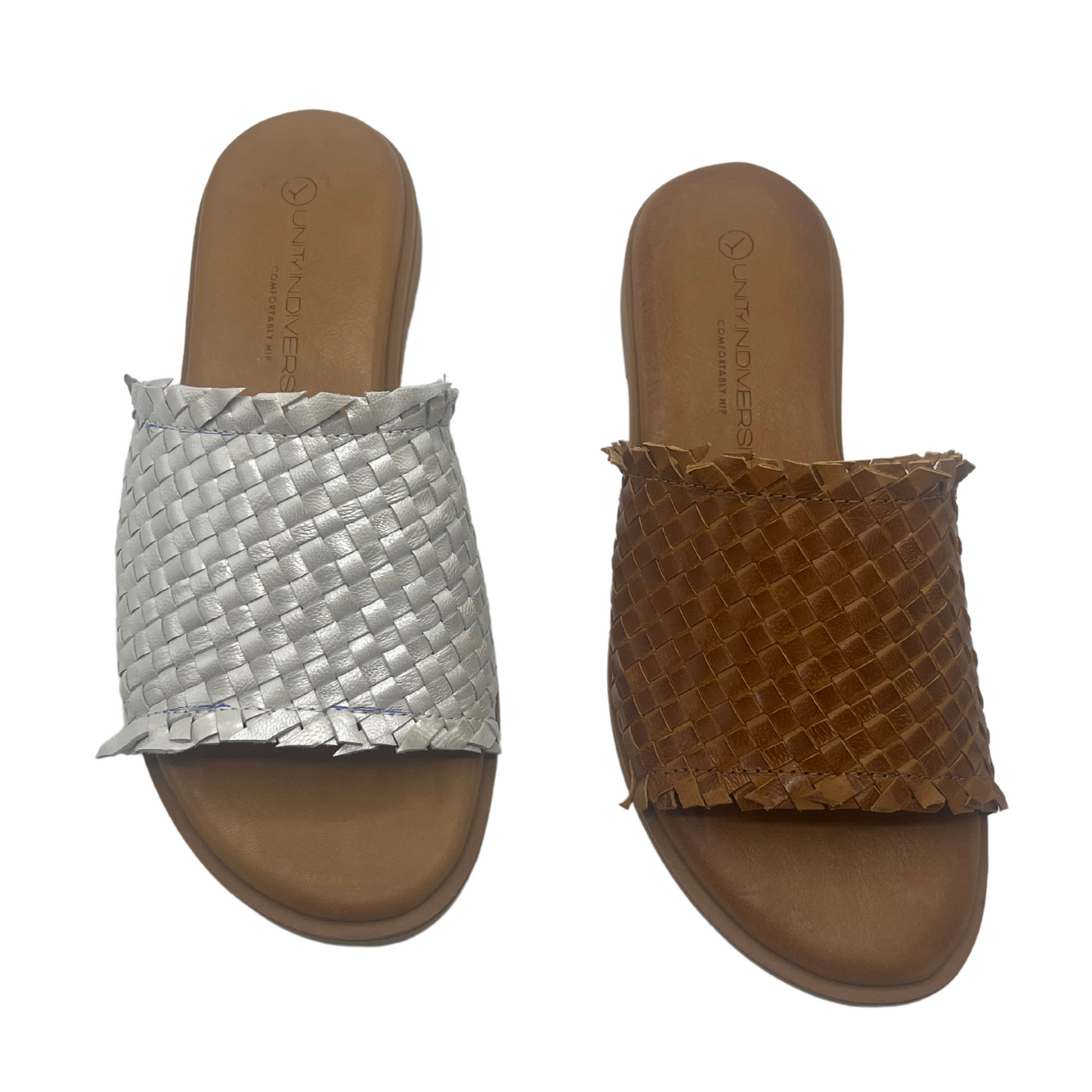 Top down view of two woven leather slip on sandals. The left one is silver and the right one is brown. Both have brown leather footbeds.