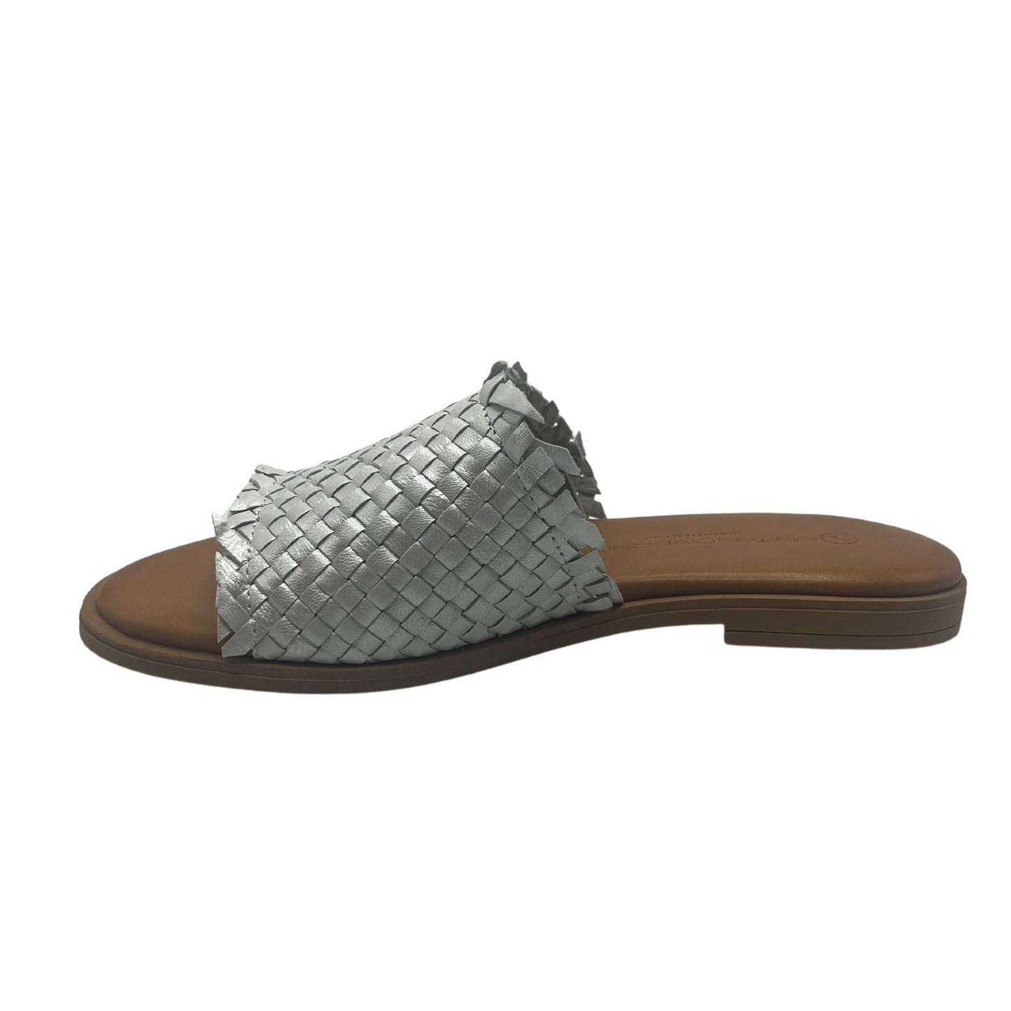 Left facing view of silver woven leather slip on sandals with lined footbed and low heel
