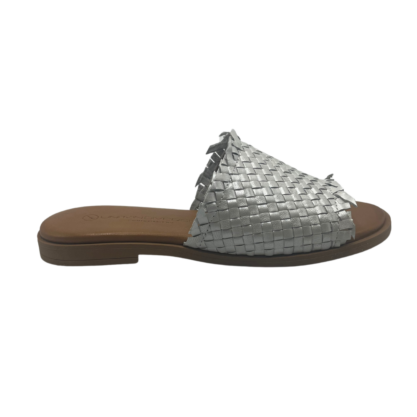 Right facing view of silver woven leather slip on sandals with lined footbed and low heel