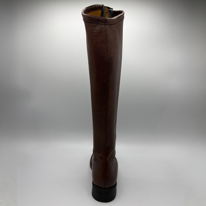 A single knee-high brown leather boot with a dark brown crocodile textured toe cap and a black sole, shown from the back  against a light gray background.