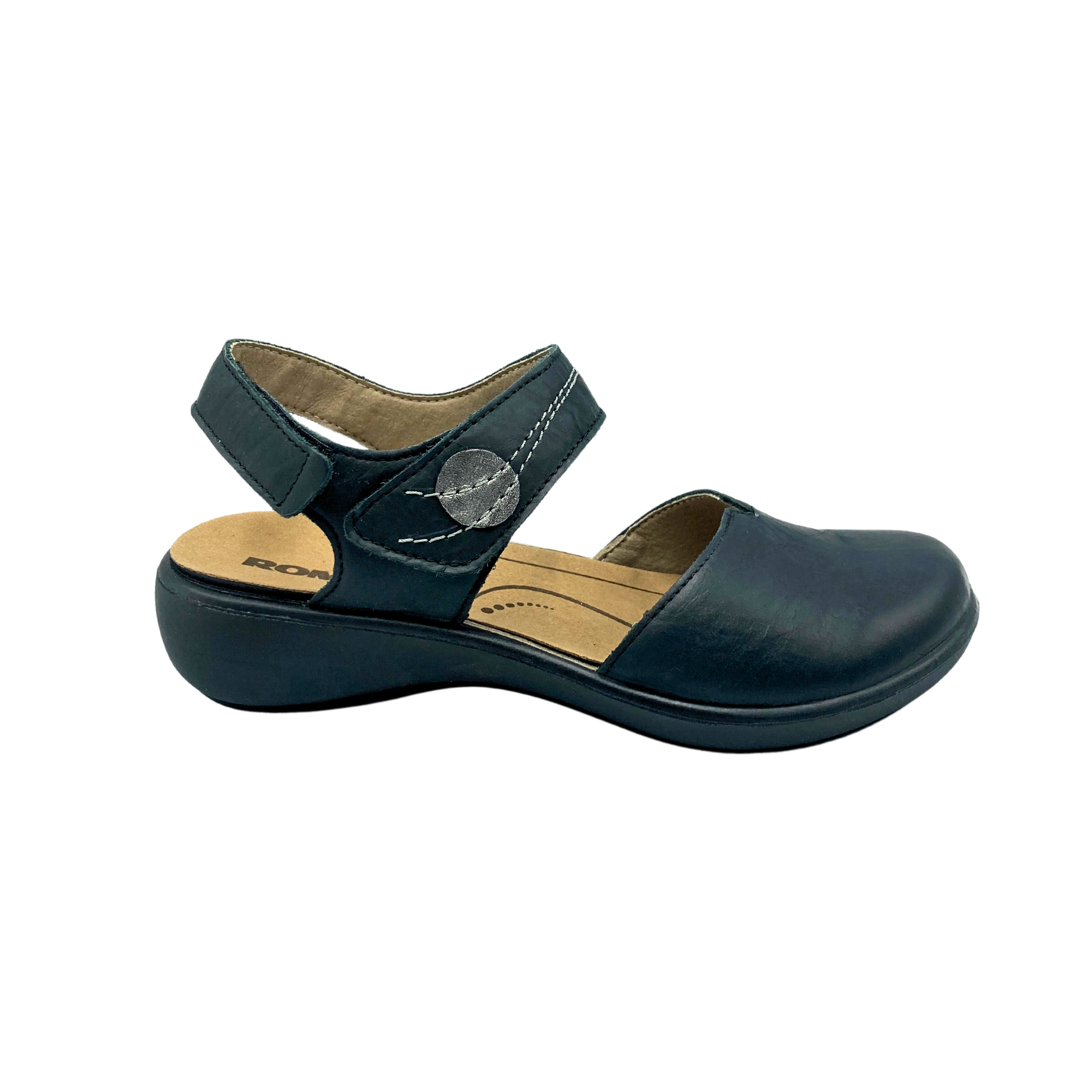 Outside view of a black leather sandal with a closed toe and open heel.  Adjust at both the heel strap and cross strap