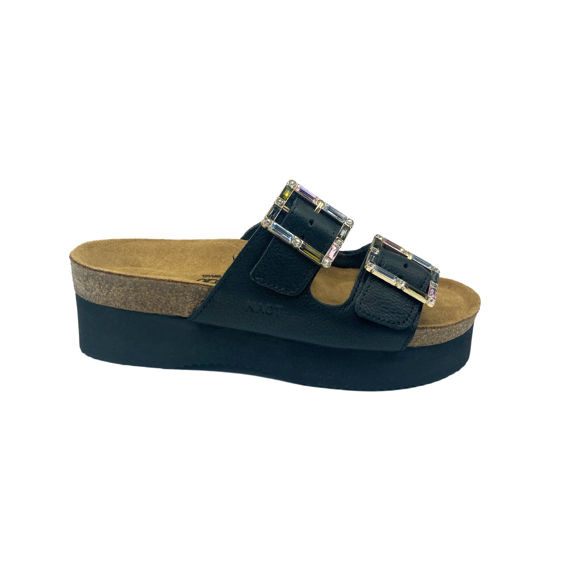 Outside view of a black leather platform sandal.  Anatomic footbed is made from cork and latex.  Two wide straps across foot both with buckle adjustment