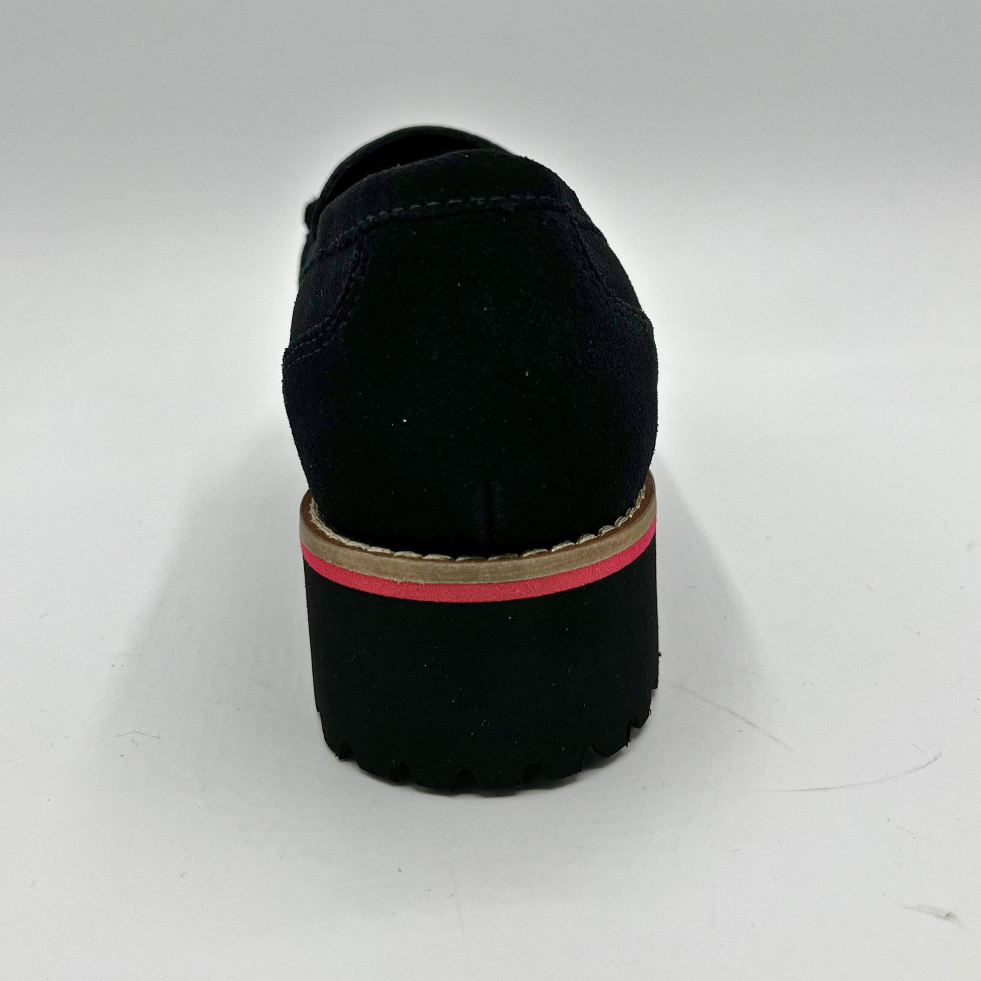 Black shoe with a red and beige sole on a white background