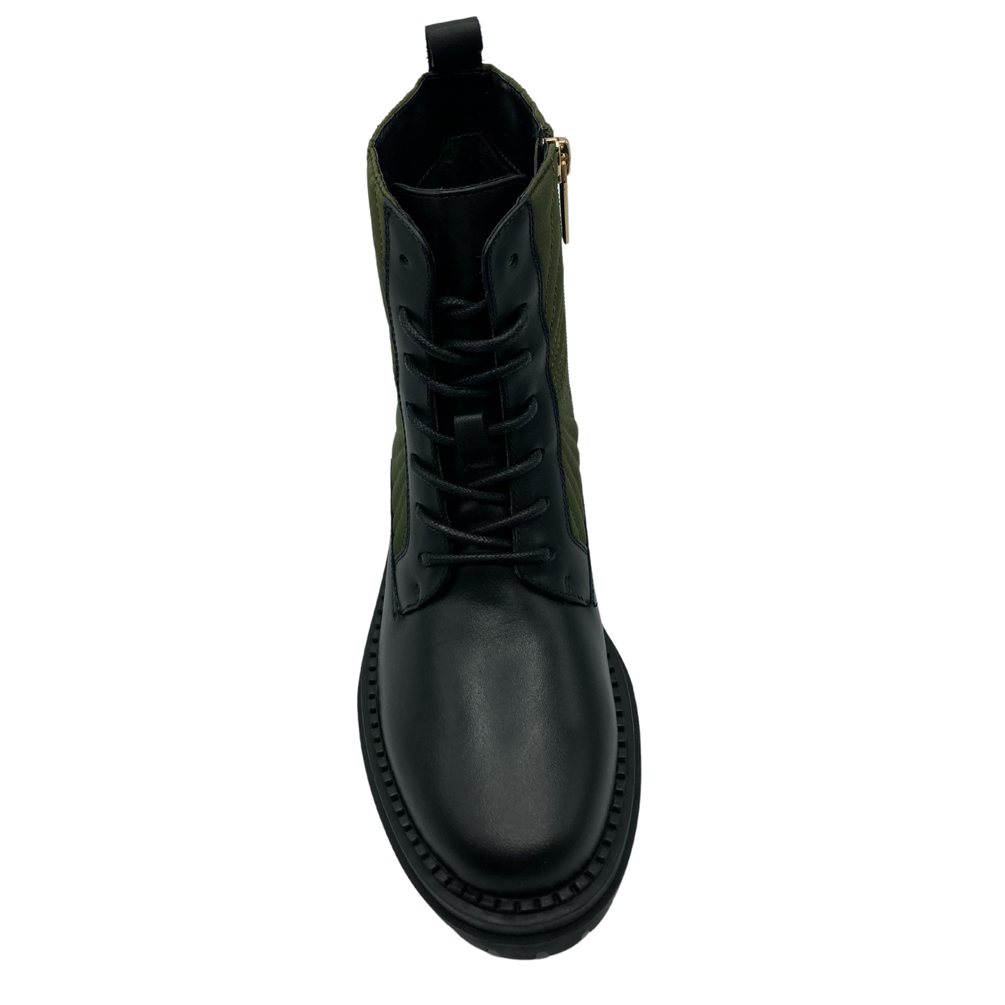Top view of black leather short boot with side zipper closure and rubber outsole