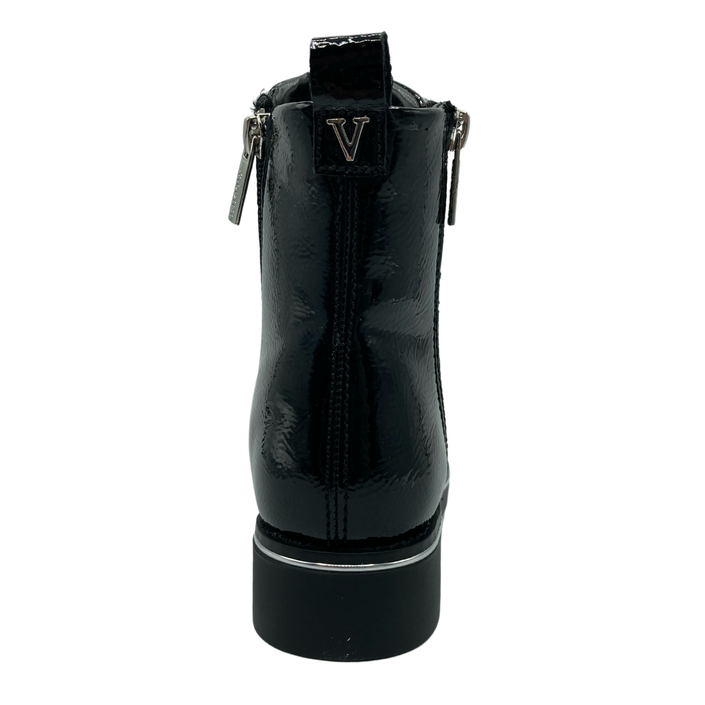 Back view of black patent short boot with double zipper closure and short block heel