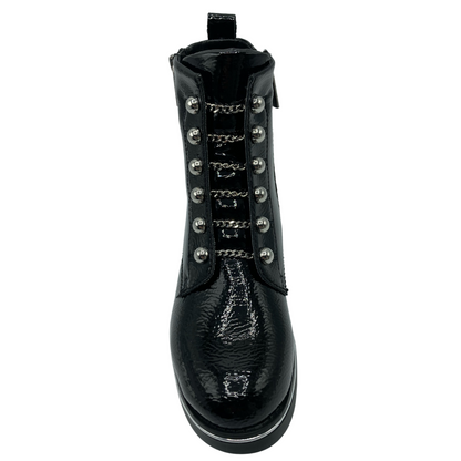 Top view of black patent short boot with chain and pearl detail up upper with rounded toe
