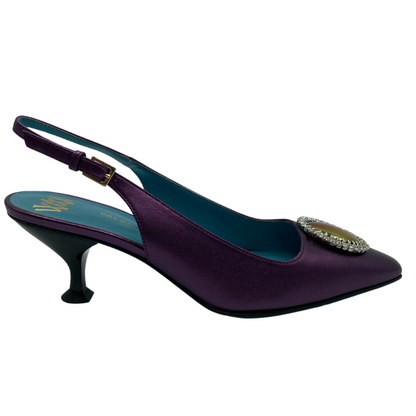 Right facing view of purple kitten heeled pump with thin back strap