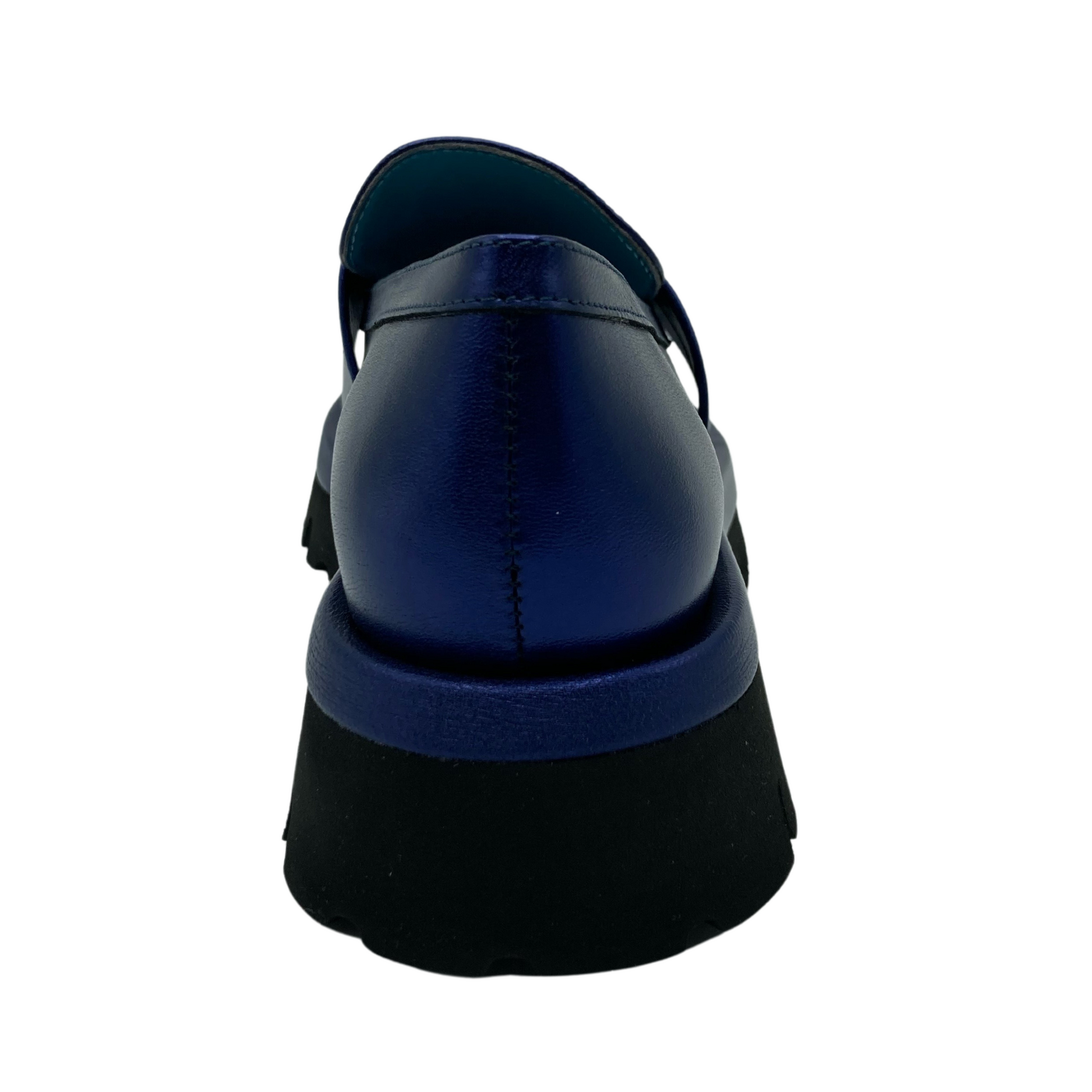 Heel view of back of blue leather loafer with black platform rubber outsole