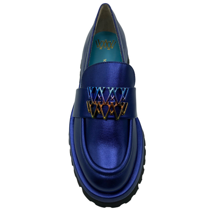 Top view of rounded toe, blue, platform loafer with lugged sole