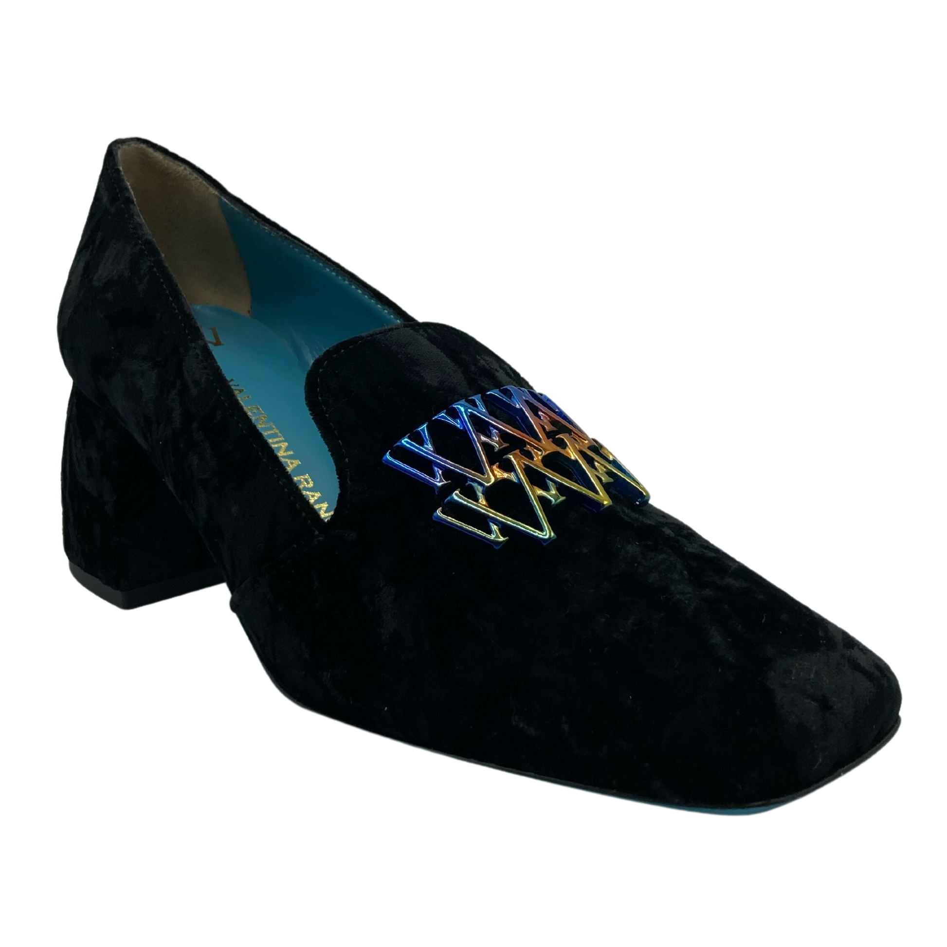 45 degree angled view of black suede loafer with multicoloured detail on upper and suede block heel