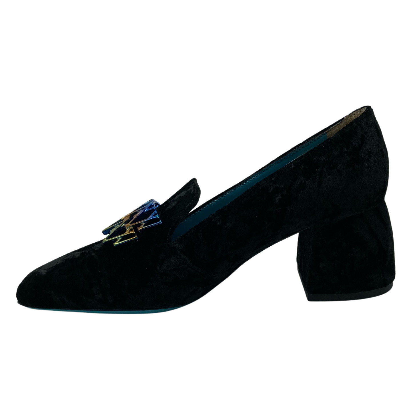Left facing view of block heeled loafer made of black suede with a multicoloured detail on upper