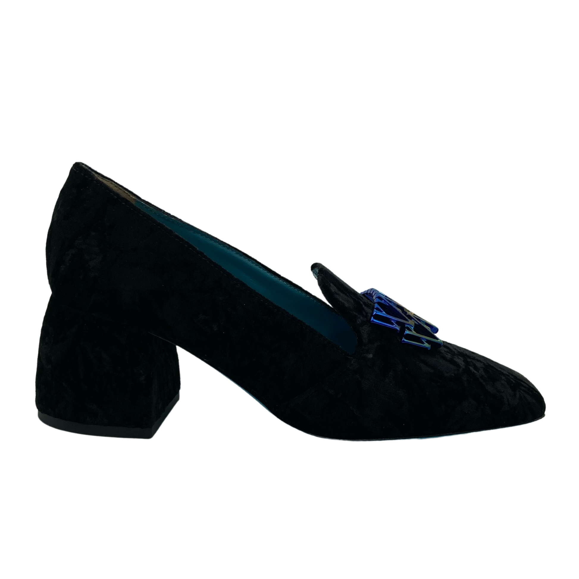 Right facing view of block heeled, black suede loafer with multicoloured detail on upper