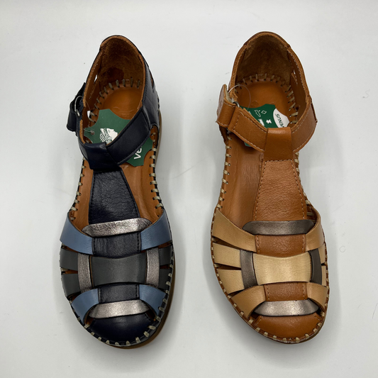 Top view of a two woven leather sandals with adjustable ankle straps. One is navy coloured leather and one is brown coloured leather.