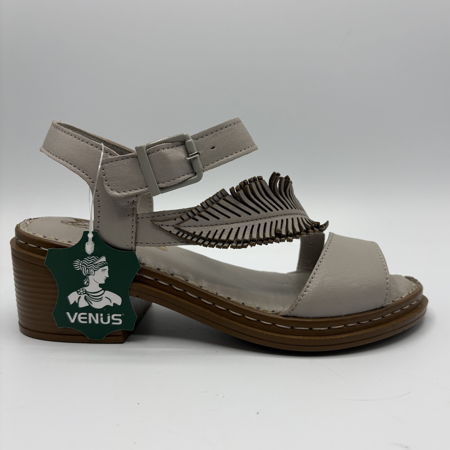 Gray sandal with brown sole on a white background, featuring a Venus brand tag.