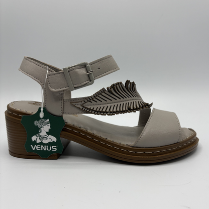 Gray sandal with brown sole on a white background, featuring a Venus brand tag.