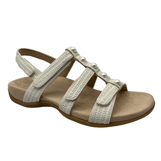 45 degree angled view of white multi strap sandal with microfibre footbed and rubber outsole