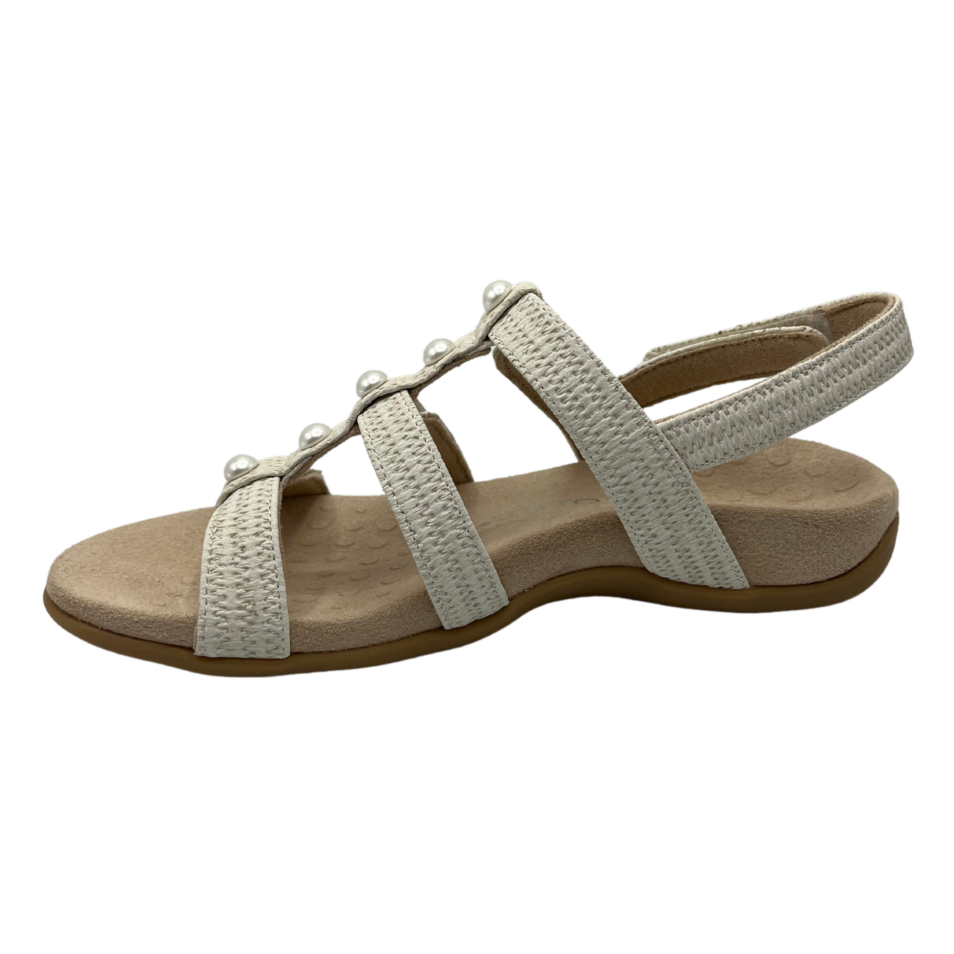 Left facing of white multi strap sandal with microfibre footbed and rubber outsole