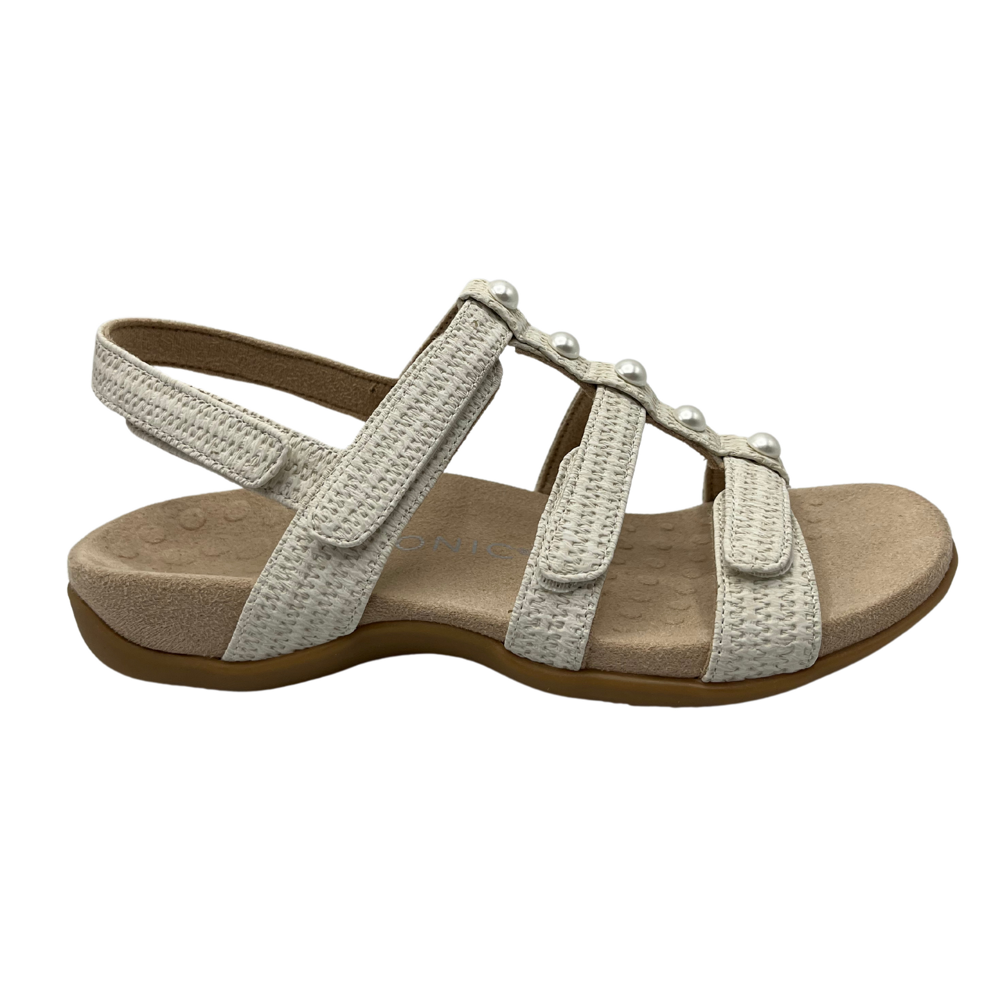 Right facing view of white multi strap sandal with microfibre footbed and rubber outsole