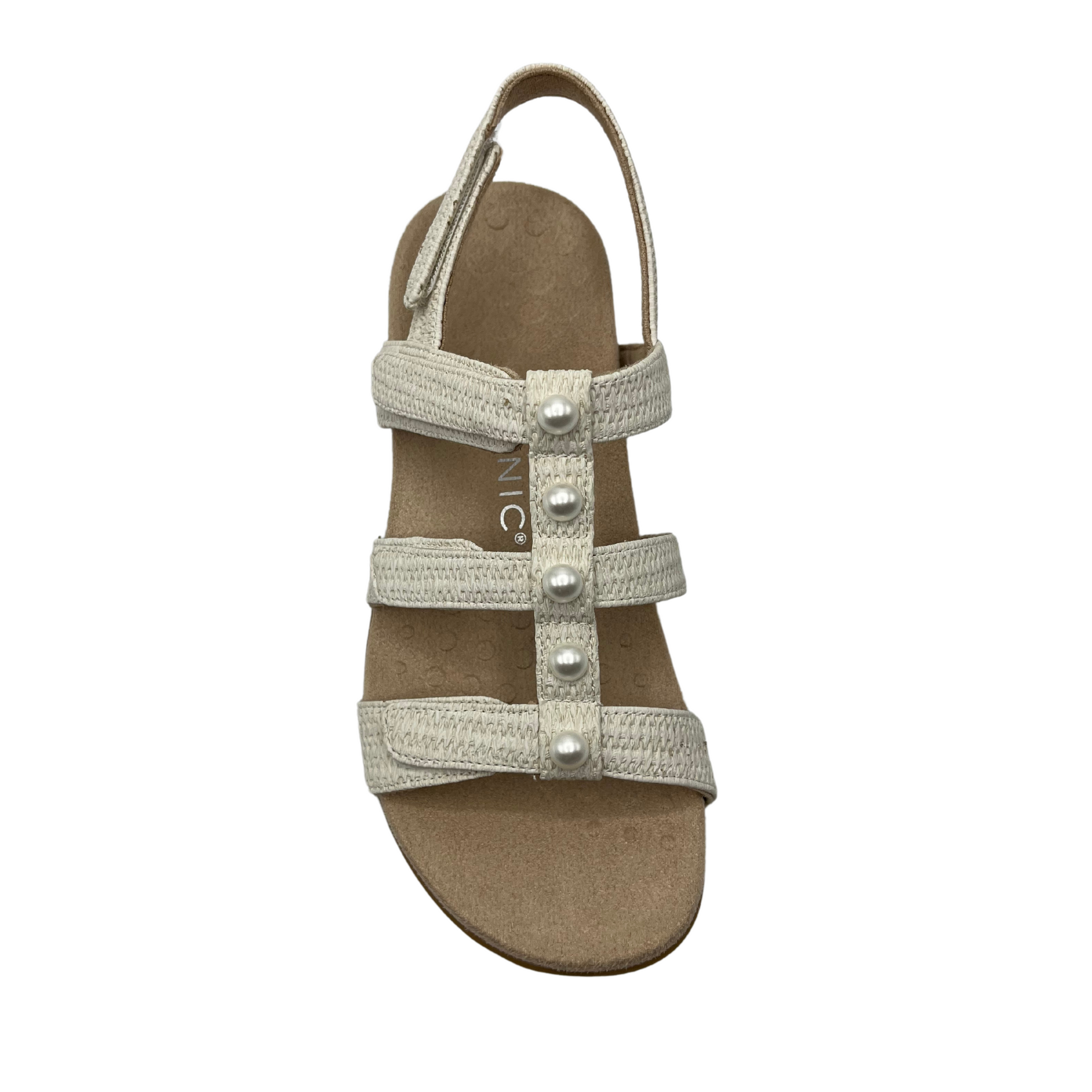 Top view of white multi strap sandal with microfibre footbed and rubber outsole