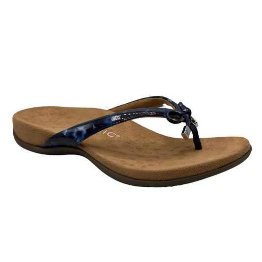 45 degree angled view of blue strapped sandal with microfibre footbed and arch support