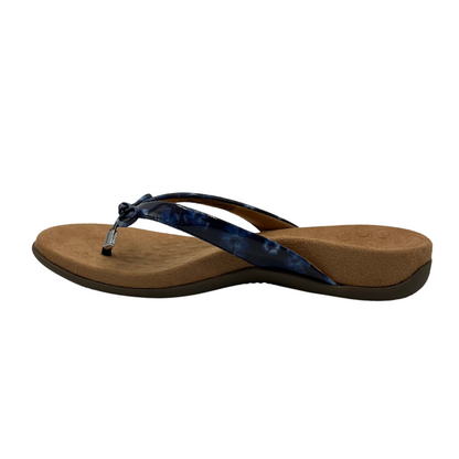 Left facing view of blue strapped sandal with microfibre footbed and arch support