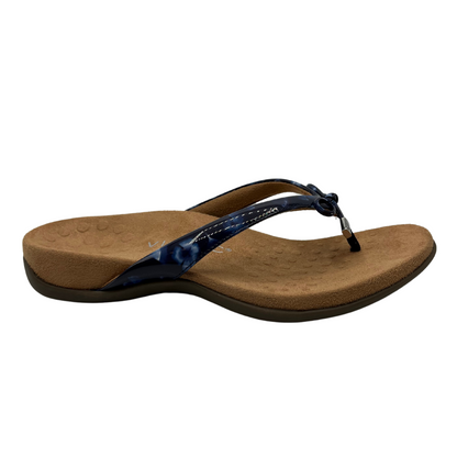 Right facing view of blue strapped sandal with microfibre footbed and arch support