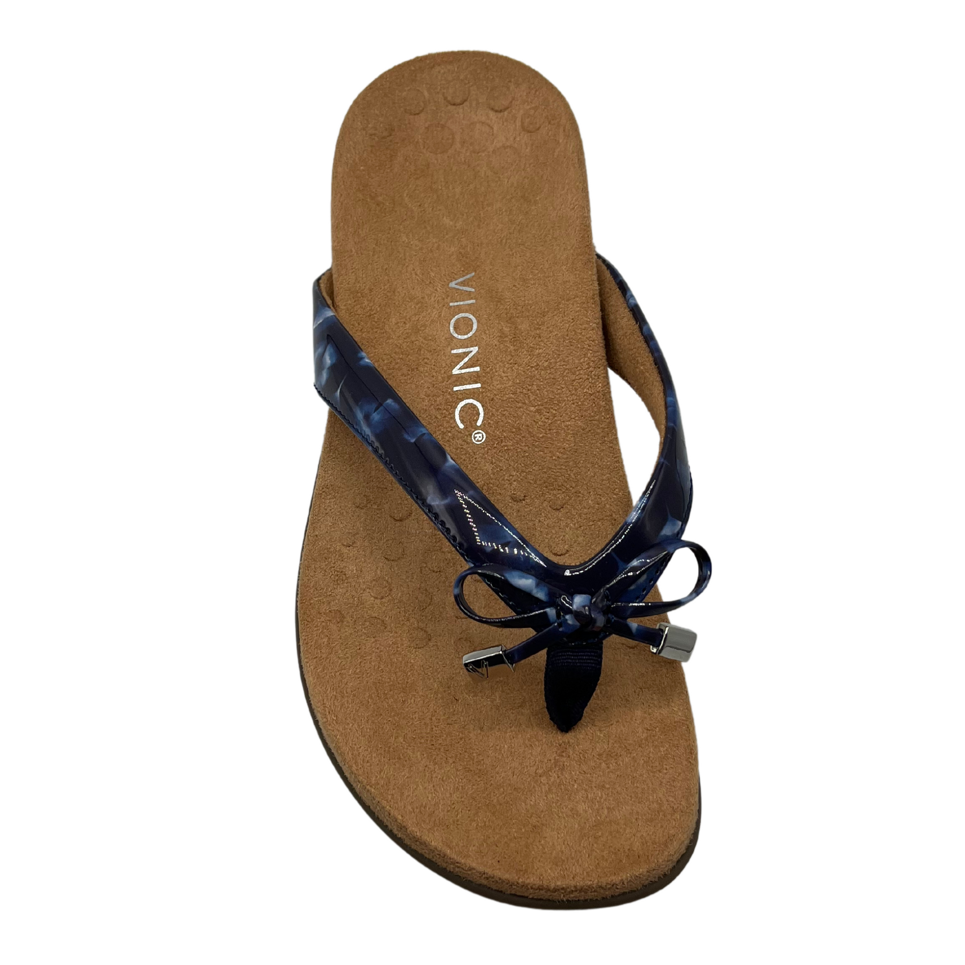Top view of blue strapped sandal with microfibre footbed and arch support