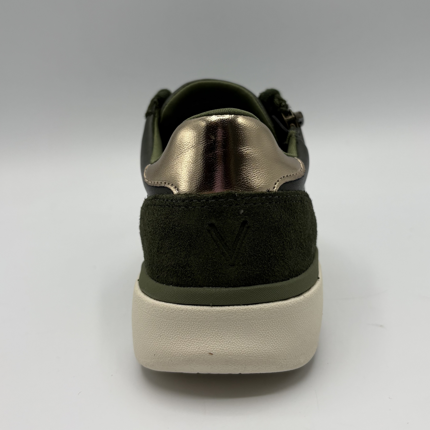 Back view of an Olive coloured sneaker with a side zipper