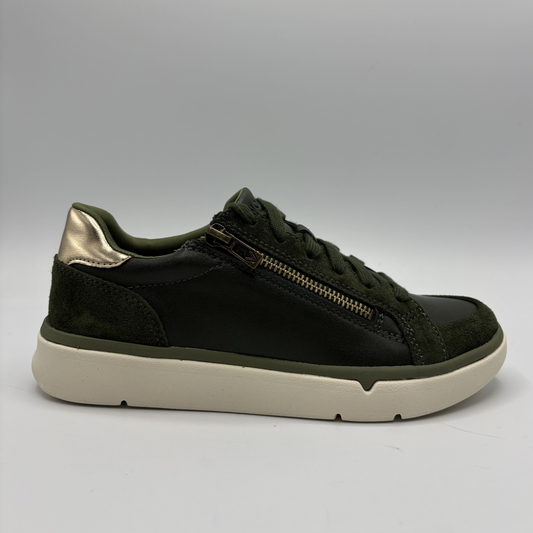 Right facing view of an Olive coloured sneaker with a side zipper