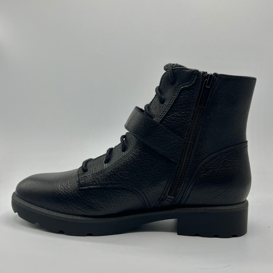 Left facing view of a black leather ankle boot.