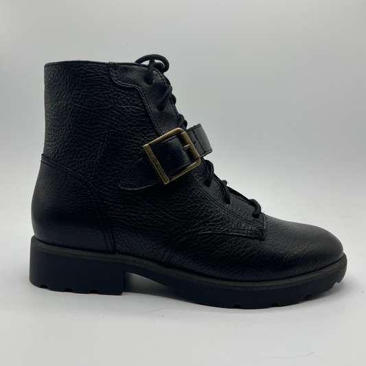 Right facing view of a black leather ankle boot.